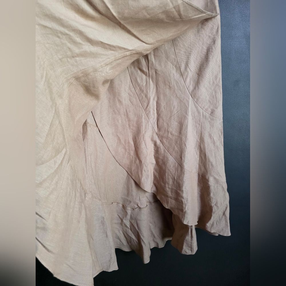 Bandolino Y2K Tan Linen Blend Asymmetrical Tiered Ruffle Midi Skirt Sz 6 - Picture 7 of 8